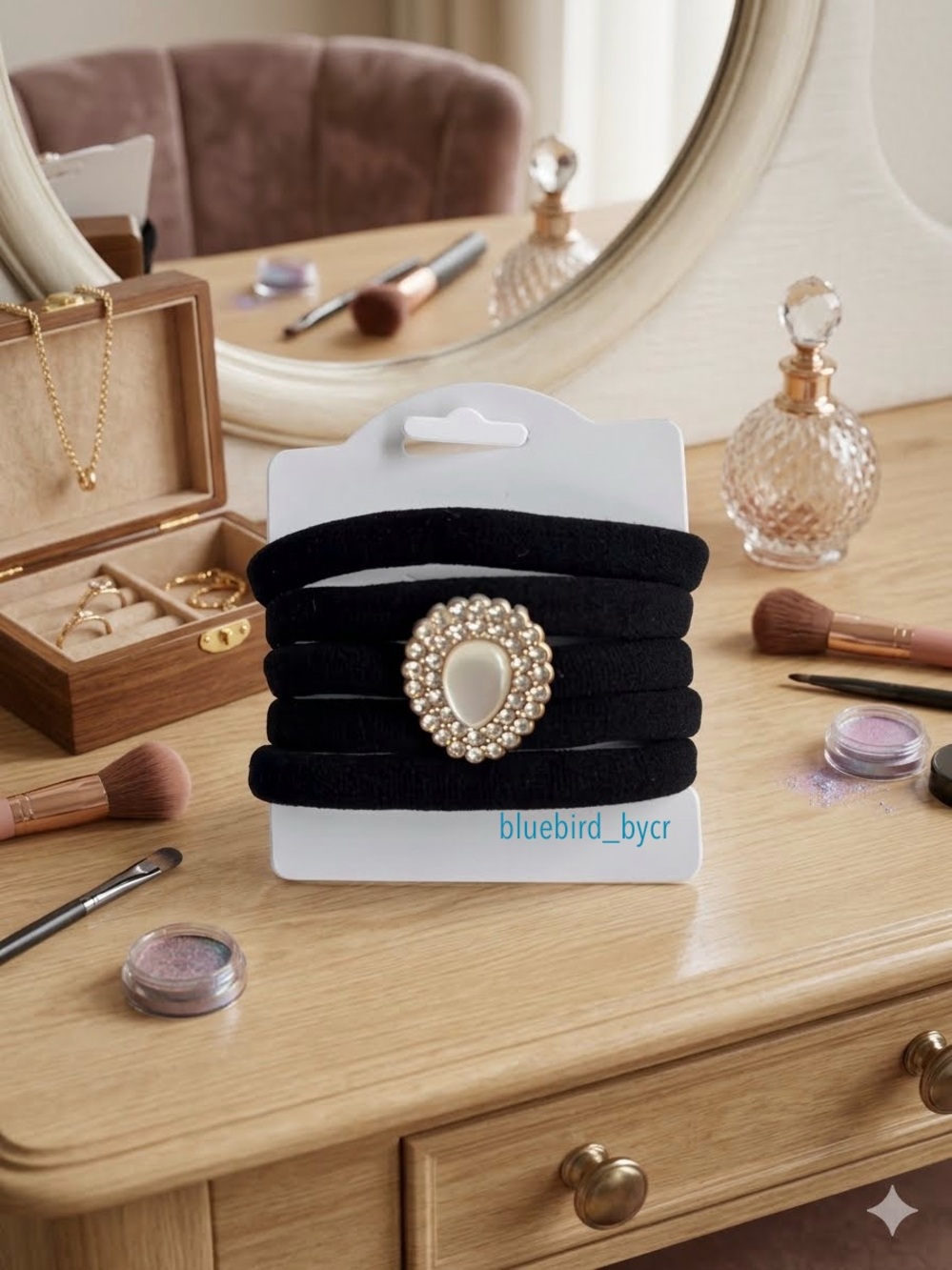 Teardrop Black Hair Ties with Pearl and Gold Accent